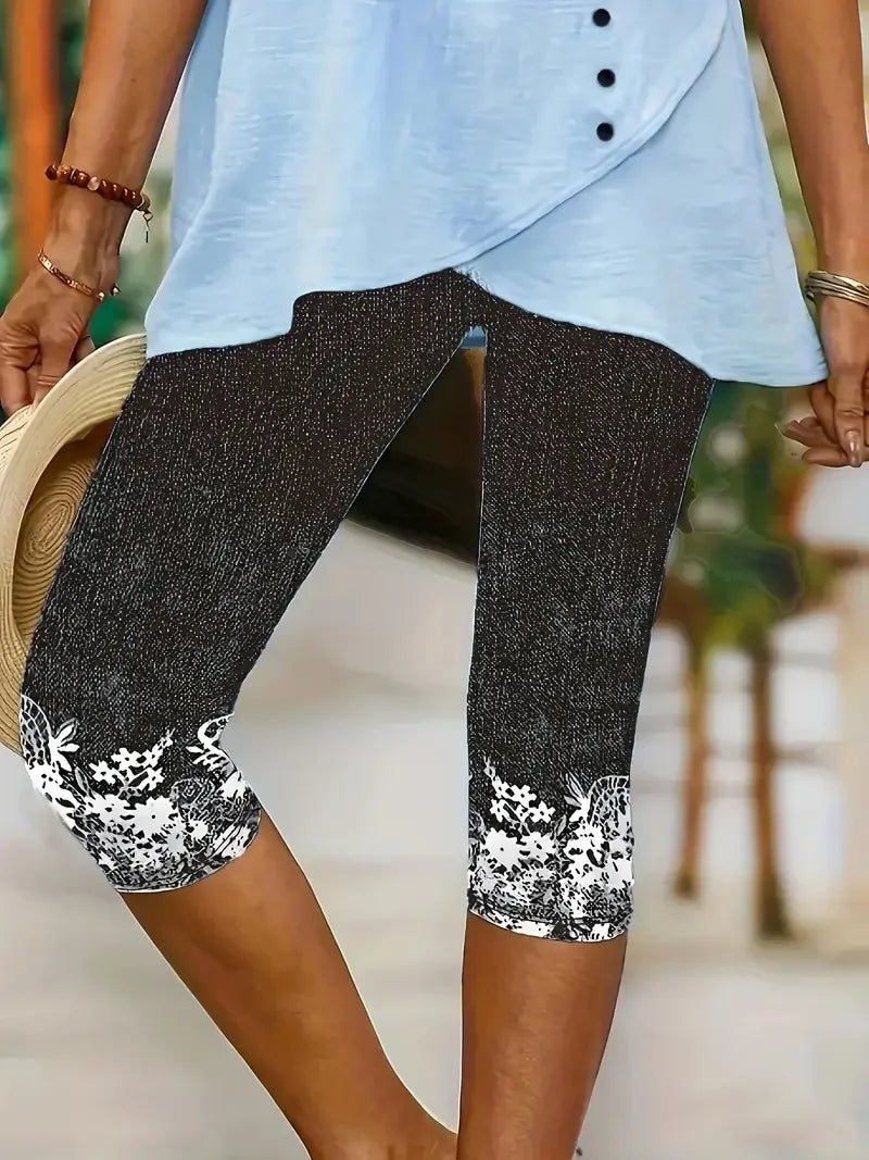 Louna - Legging Capris à Taille Élastique Arrivant Sous le Genou avec Détail de Fleurs en Bas