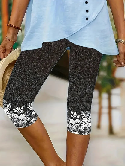 Louna - Legging Capris à Taille Élastique Arrivant Sous le Genou avec Détail de Fleurs en Bas