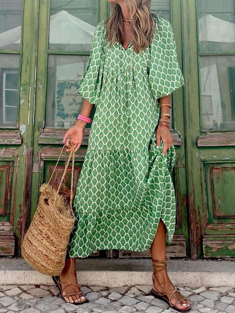 Zélie - Robe Maxi Élégante à Jupe Ample avec 5 Imprimés Géométriques Bohèmes et Couleurs Vives