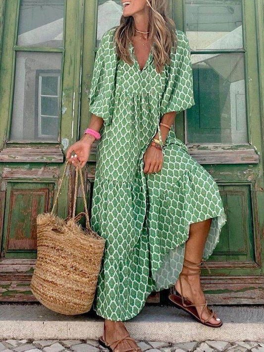 Zélie - Robe Maxi Élégante à Jupe Ample avec 5 Imprimés Géométriques Bohèmes et Couleurs Vives