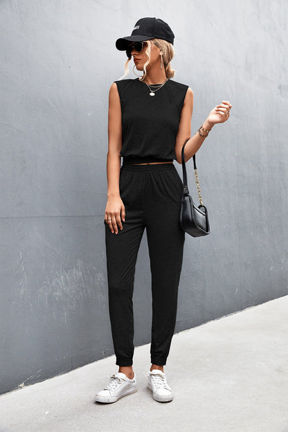 Louna - Ensemble Classique Deux Pièces composé d'un Top à Col Haut Sans Manches et d'un Pantalon Confortable à Taille Élastique Haute