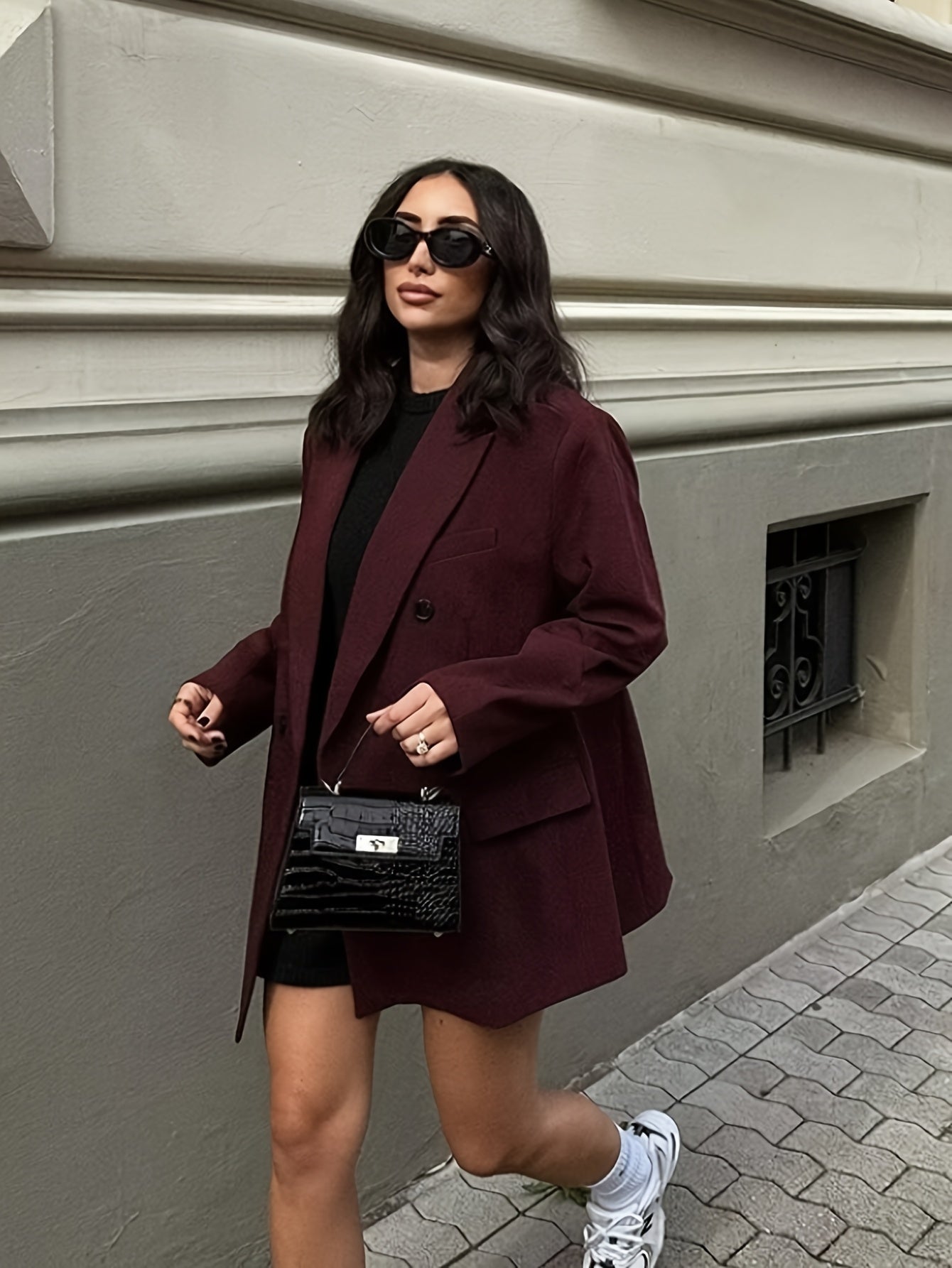 Iréva - Blazer Oversize Classique Bordeaux pour Femme – Veste de Mi-Saison