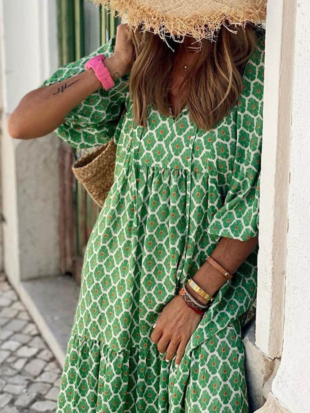Zélie - Robe Maxi Élégante à Jupe Ample avec 5 Imprimés Géométriques Bohèmes et Couleurs Vives