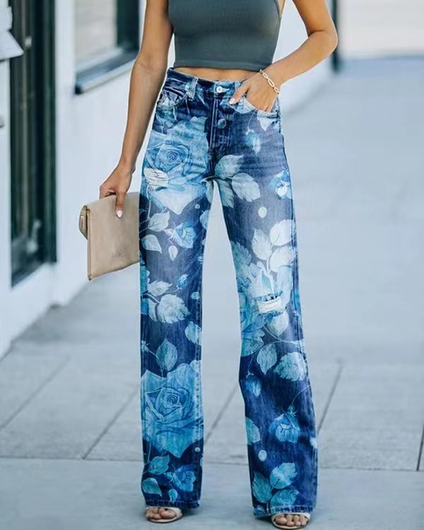 Océane - Jean Large Taille Haute avec Imprimé Fleurs