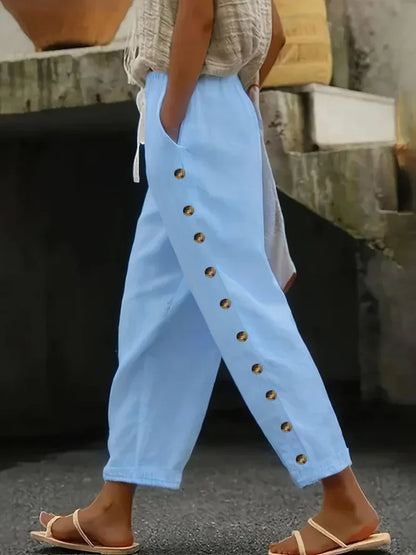 Maria - Pantalon d'Été Confortable en Lin Longueur Cheville avec Boutons sur les Côtés et Cordon de Serrage Ajustable