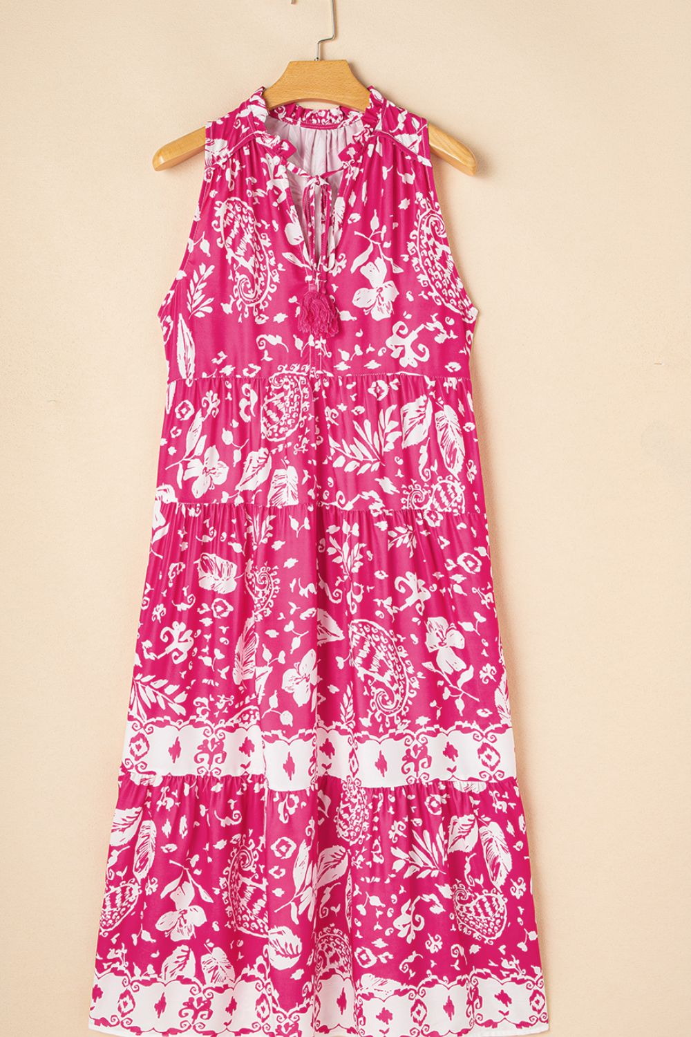 Esme - Robe Midi Sans Manches Rose à Imprimé Organique Tunique Large avec Boutons et Décolleté en V