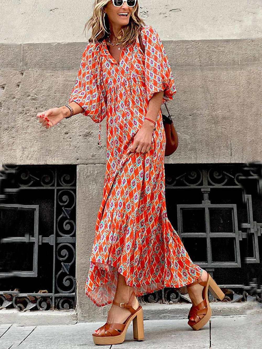 Zélie - Robe Maxi Élégante à Jupe Ample avec 5 Imprimés Géométriques Bohèmes et Couleurs Vives
