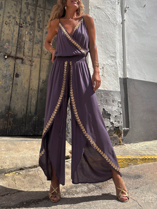 Talia - Salopette d'Été Aérée et Ample en Violet Faux Wrap avec Taille Haute Élastique et Détails en Filigrane Doré