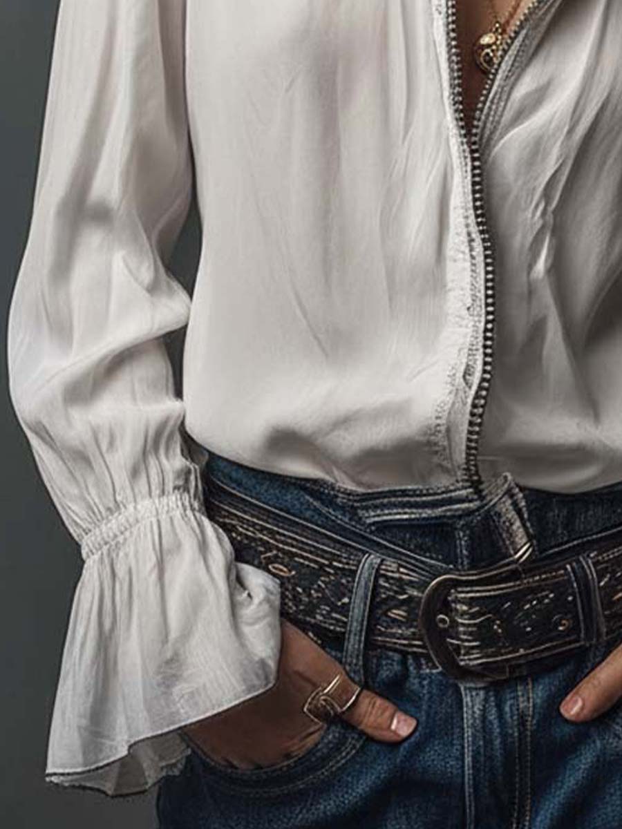 Ambréline - Blouse Blanche Romantique pour Femmes avec Manches Longues et Amples