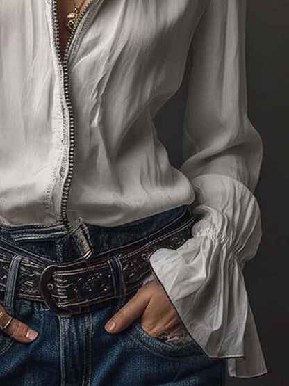 Ambréline - Blouse Blanche Romantique pour Femmes avec Manches Longues et Amples