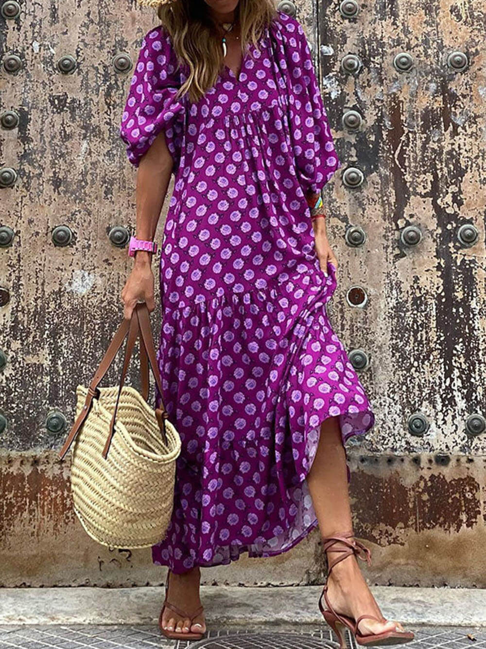 Zélie - Robe Maxi Élégante à Jupe Ample avec 5 Imprimés Géométriques Bohèmes et Couleurs Vives