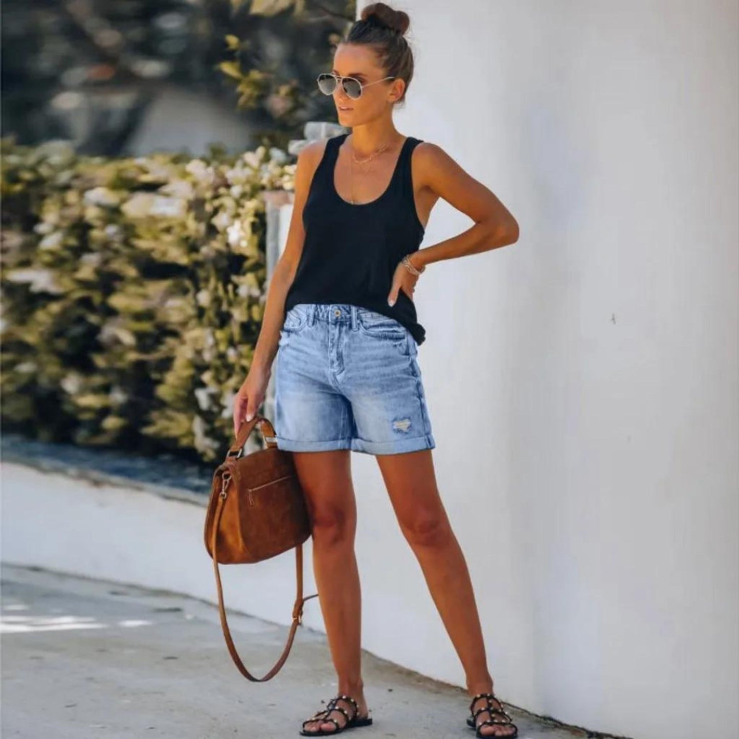 Zélie - Shorts en denim taille haute déchirés