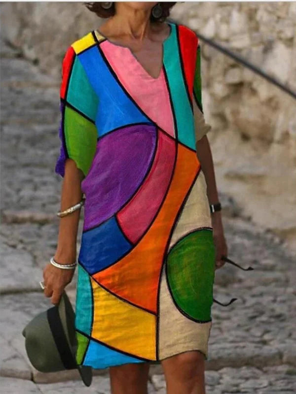 Mia - Robe à Manches Trois-Quarts et Décolleté en V pour le Printemps Jusqu'aux Genoux avec Imprimés Estivaux
