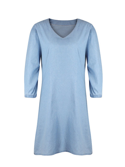 Noémie – Robe Courte en Jean avec Décolleté en V et Manches Mi-Longues