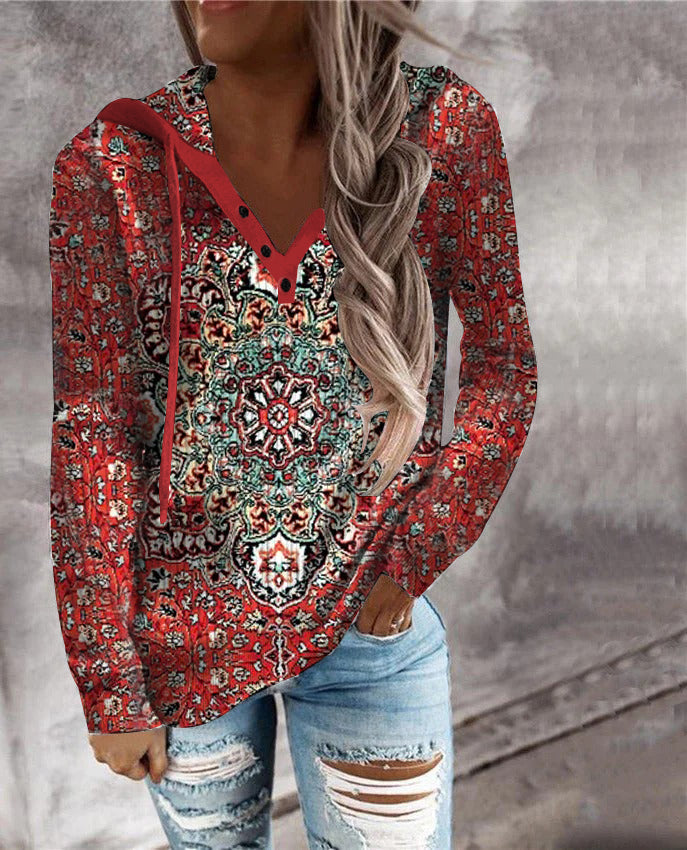 Jandy - Sweat-Shirt Henley Rouge à Manches Longues avec Imprimé Mandala