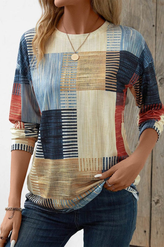 Jenny - T-shirt Coloré à Motif Géométrique Patchwork avec Col Rond et Manches Mi-longues