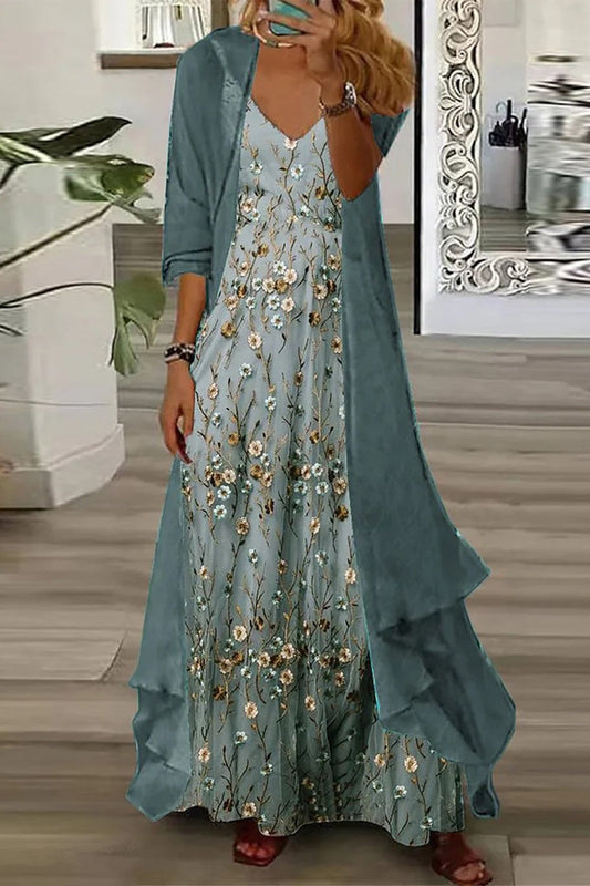 Nova - Ensemble Bleu Deux Pièces  Robe Maxi à Bretelles Spaghetti Décolleté en V Imprimé Fleuri et Long Gilet Cardigan