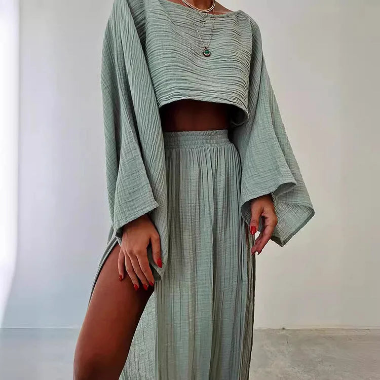 Alizenne - Ensemble d’été en lin Léger et Élégant pour les Vacances, Composé D’un Crop Top à Manches Longues et Larges et D’une Jupe Maxi à Double Fente Latérale