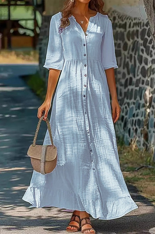 Azura - Robe Maxi Ample à Boutons avec Décolleté en V et Manches Mi-longues pour l'Été et le Printemps