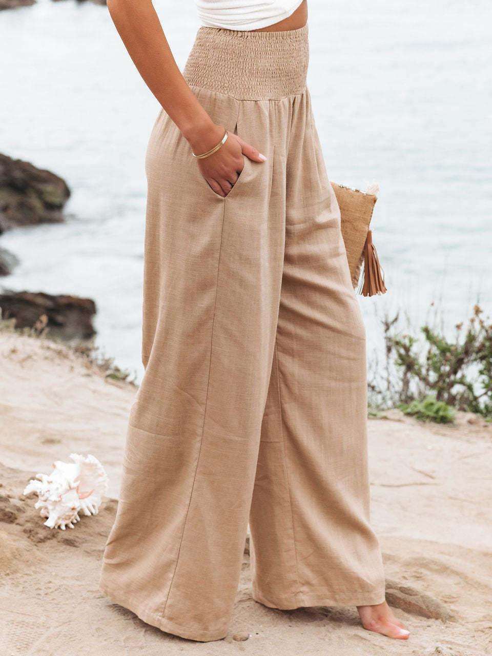 Seraphina - Pantalon d'Été en Lin Khaki avec Taille Élastique Large et Poches