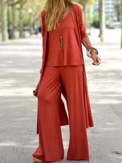 Amelia - Ensemble Estival Trois Pièces en Couleur Unie avec Débardeur à Col en V Long Gilet et Pantalon Large