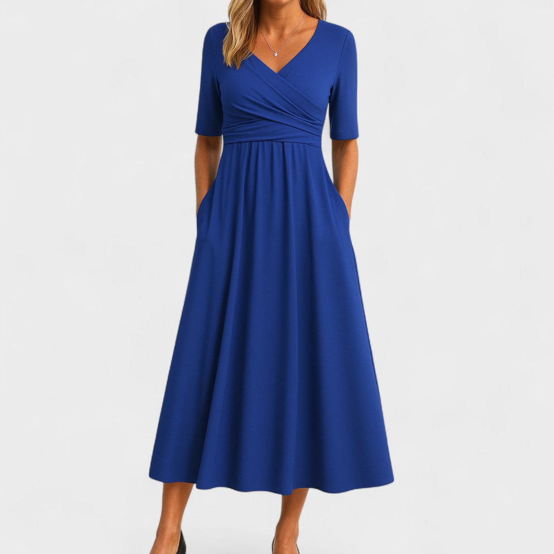 Aveline - Robe Longue Féminine Confortable pour le Printemps et L’été, à Effet Portefeuille et Manches mi-Longues, de Couleur Unie