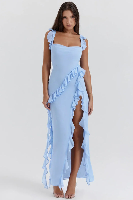Priscille – Robe Longue d’Été Romantique à Encolure Carrée avec Détails à Volants et Fente