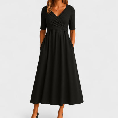 Aveline - Robe Longue Féminine Confortable pour le Printemps et L’été, à Effet Portefeuille et Manches mi-Longues, de Couleur Unie