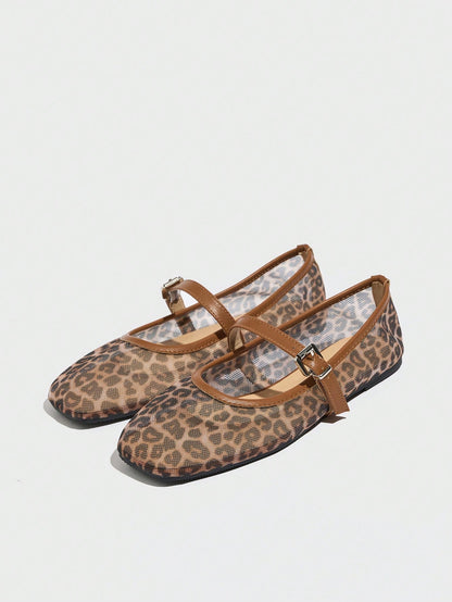 Amélie - Sandales plates pour femmes en maille à imprimé léopard, respirantes, avec bride à boucle