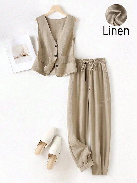 Léa - Ensemble 100% lin composé d'un blazer et d'un pantalon taille haute avec cordon