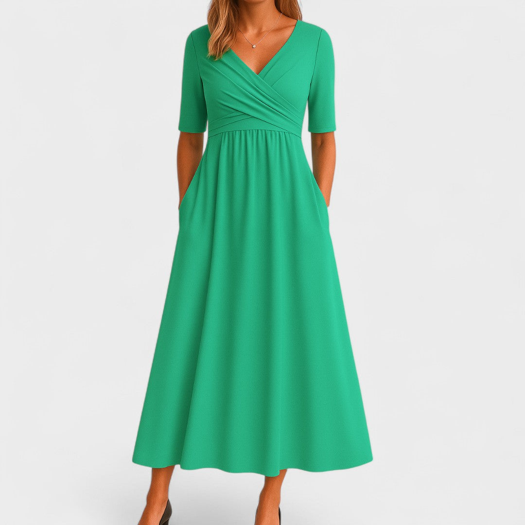 Aveline - Robe Longue Féminine Confortable pour le Printemps et L’été, à Effet Portefeuille et Manches mi-Longues, de Couleur Unie