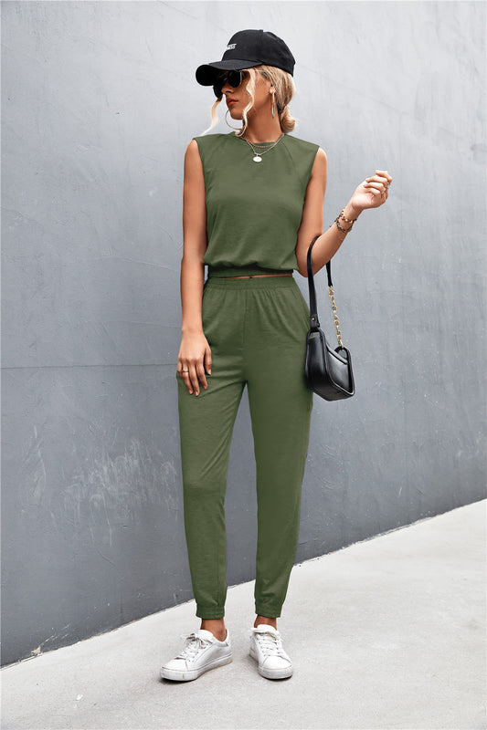 Louna - Ensemble Classique Deux Pièces composé d'un Top à Col Haut Sans Manches et d'un Pantalon Confortable à Taille Élastique Haute