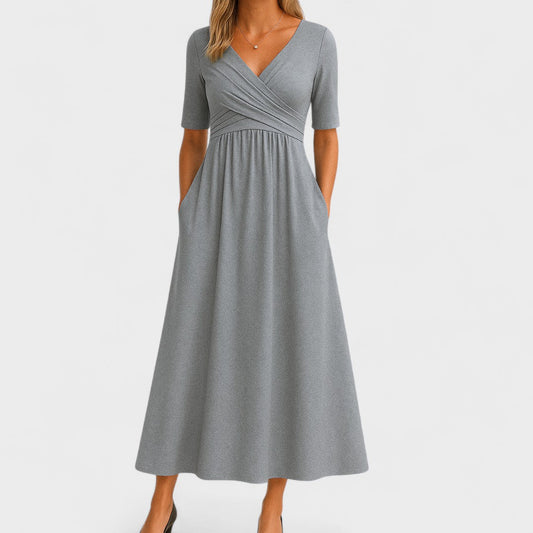 Aveline - Robe Longue Féminine Confortable pour le Printemps et L’été, à Effet Portefeuille et Manches mi-Longues, de Couleur Unie