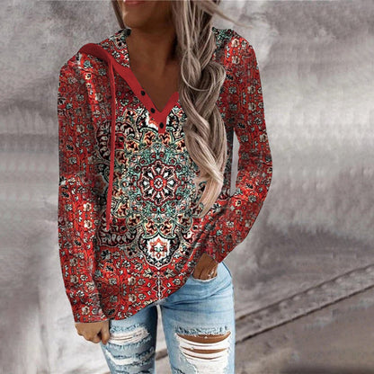 Jandy - Sweat-Shirt Henley Rouge à Manches Longues avec Imprimé Mandala