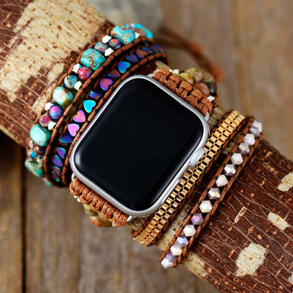 Bracelet de Montre Apple en Cuir Durable avec Perles Bohèmes en Jaspe et Onyx