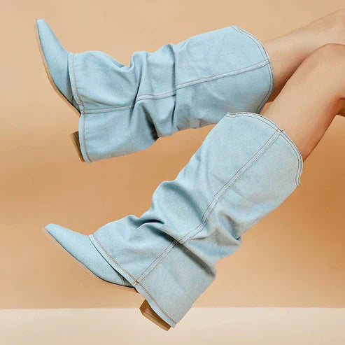Evelyn - Bottes en Denim à Large Revers avec Flair Statement pour le Printemps et l'Été