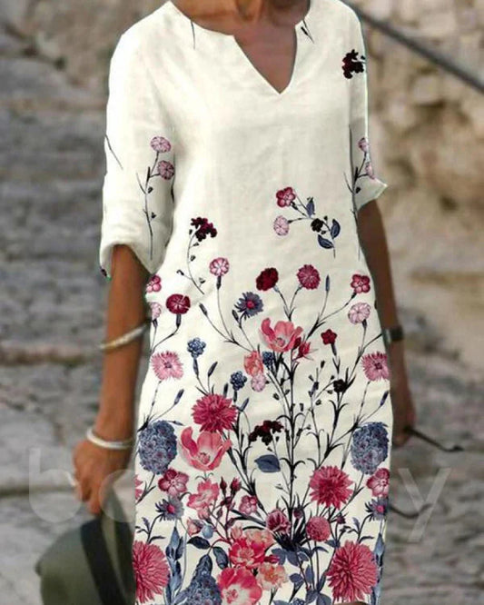 Mia - Robe à Manches Trois-Quarts et Décolleté en V pour le Printemps Jusqu'aux Genoux avec Imprimés Estivaux