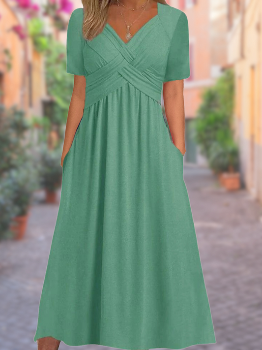 Maëlys – Robe Longue d’Été à Encolure en V  Faux Cache-Cœur Manches Courtes et Taille Haute