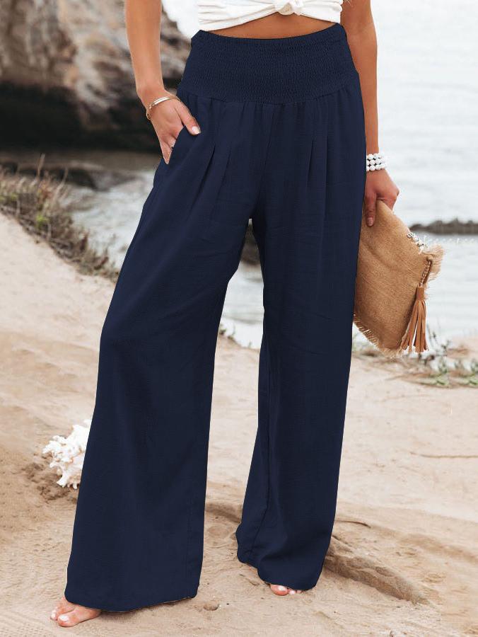 Seraphina - Pantalon d'Été en Lin Khaki avec Taille Élastique Large et Poches