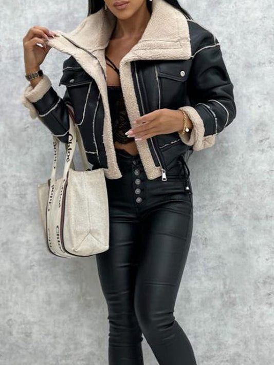 Aubrée - Veste Printanière Élégante et Féminine en Simili Cuir avec Doublure en Peluche, Poches Zippées et Col