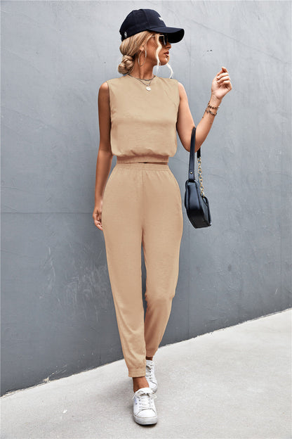 Louna - Ensemble Classique Deux Pièces composé d'un Top à Col Haut Sans Manches et d'un Pantalon Confortable à Taille Élastique Haute