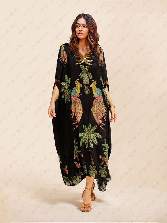 Zora - Élégante Robe Maxi de Plage en Kaftan d'Été avec Imprimé Unique Décolleté en V et Manches Mi-Longues