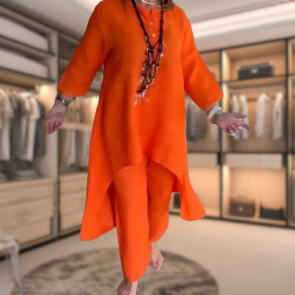 Ambrélya - Ensemble Deux Pièces Confortable pour Femme : Robe Chemise à Manches Mi-Longues et Pantalon Confortable Uni