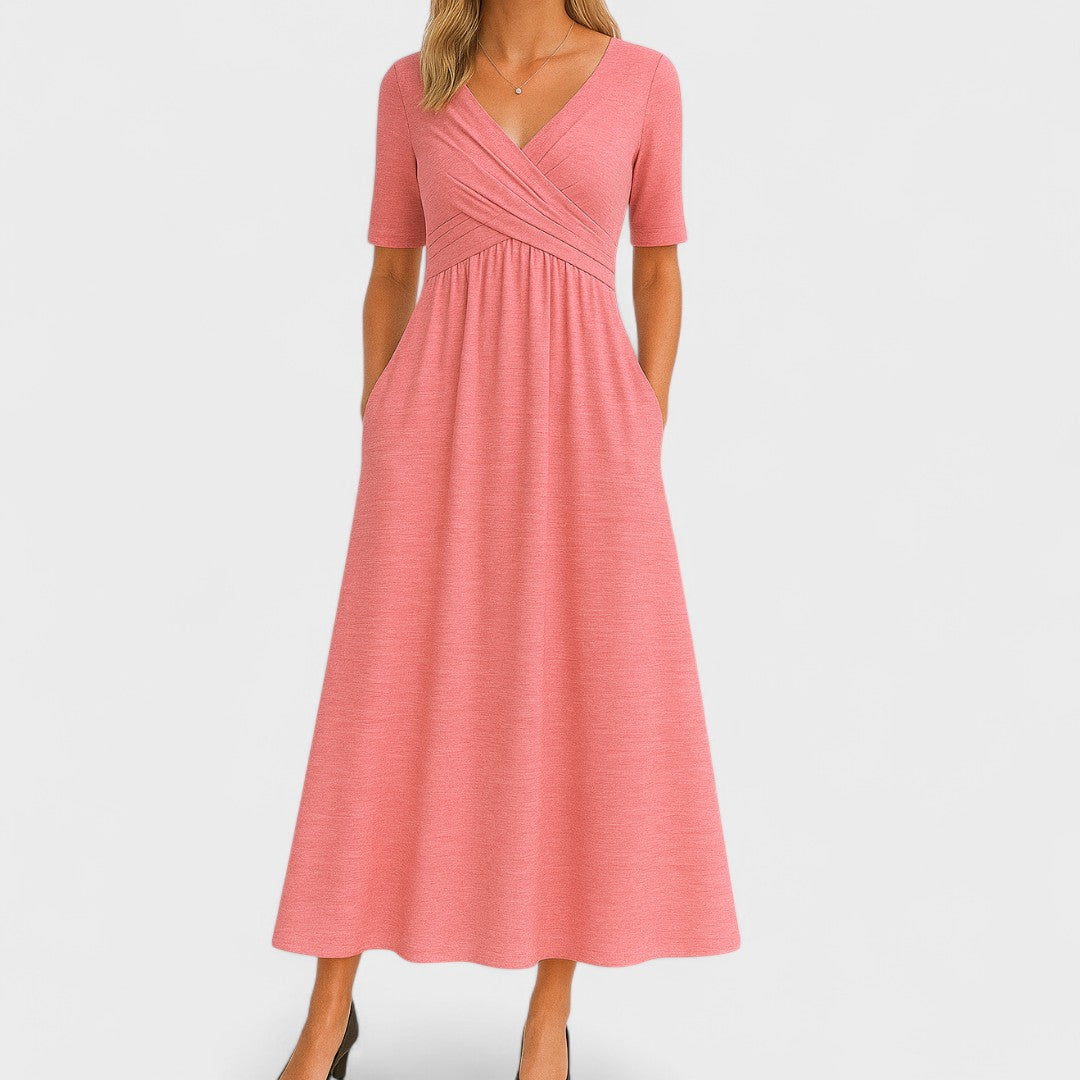 Aveline - Robe Longue Féminine Confortable pour le Printemps et L’été, à Effet Portefeuille et Manches mi-Longues, de Couleur Unie