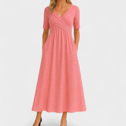 Aveline - Robe Longue Féminine Confortable pour le Printemps et L’été, à Effet Portefeuille et Manches mi-Longues, de Couleur Unie