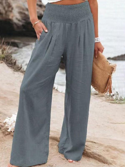 Seraphina - Pantalon d'Été en Lin Khaki avec Taille Élastique Large et Poches