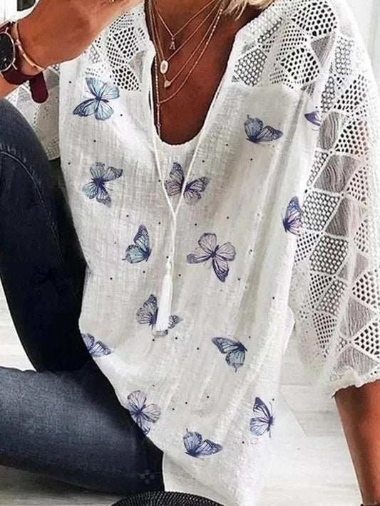 Sophia - Top d'Été Aérée en Lin et Coton avec des Papillons
