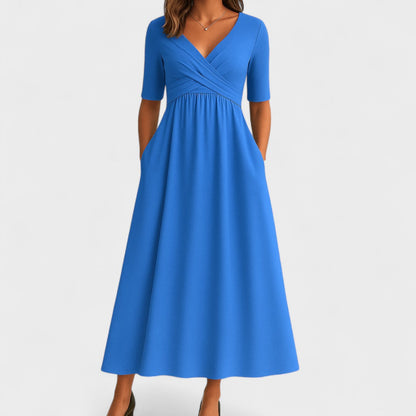 Aveline - Robe Longue Féminine Confortable pour le Printemps et L’été, à Effet Portefeuille et Manches mi-Longues, de Couleur Unie