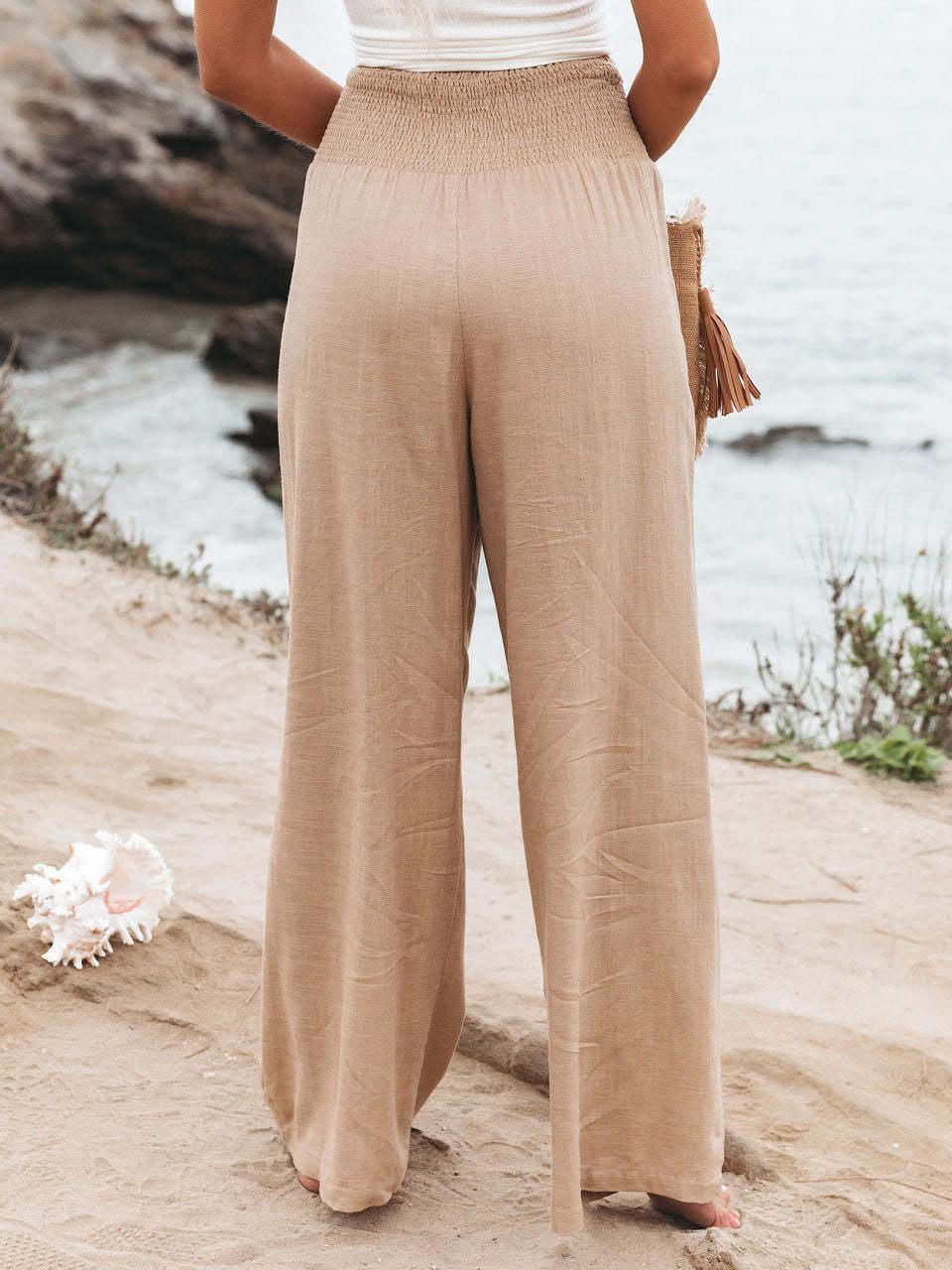 Seraphina - Pantalon d'Été en Lin Khaki avec Taille Élastique Large et Poches