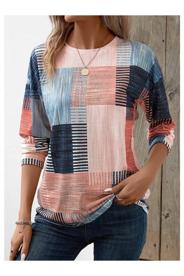 Jenny - T-shirt Coloré à Motif Géométrique Patchwork avec Col Rond et Manches Mi-longues